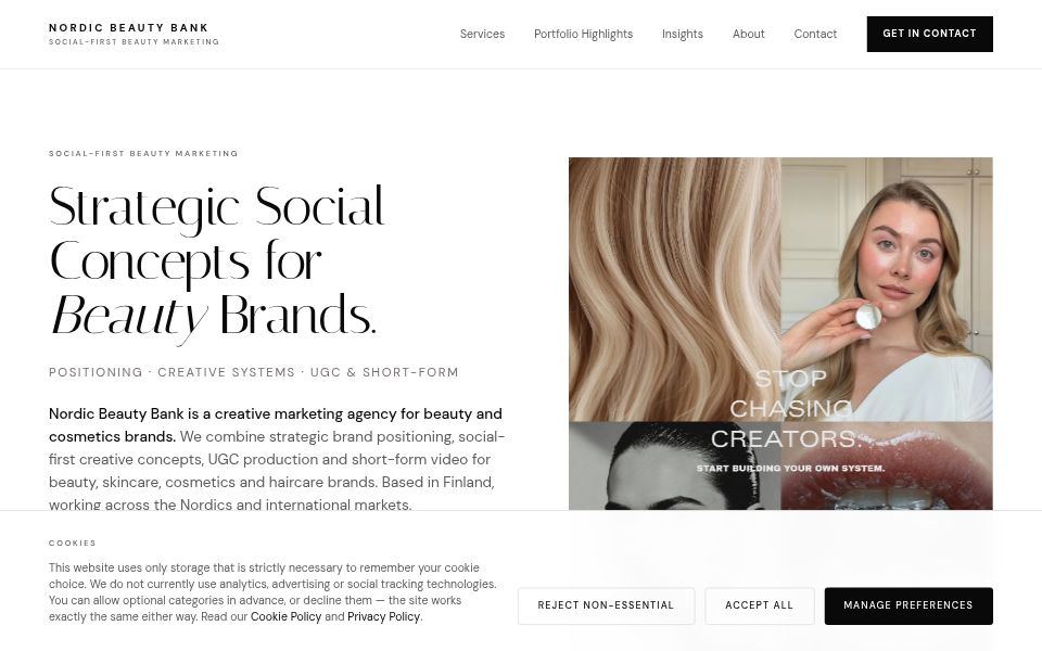 Nordic Beauty Bank homepage, September 2026