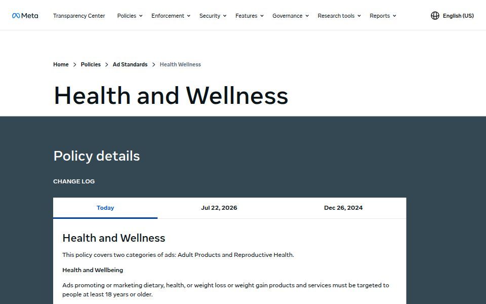 Meta's Health and Wellness ad standard, on the Meta Transparency Center, September 2026.